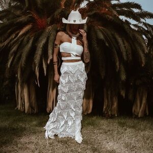 Bridal Bachelorette Two Piece Set, Fringe Maxi Skirt Crop Set, Crocheted Skirt